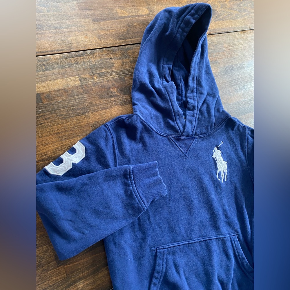 Polo Ralph Lauren Hoodie Youth Size Small (8) Blue White Pullover Big Pony #3